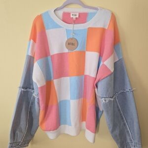 BiBi Multicolor Checkered Sweater with Denim Sleeves